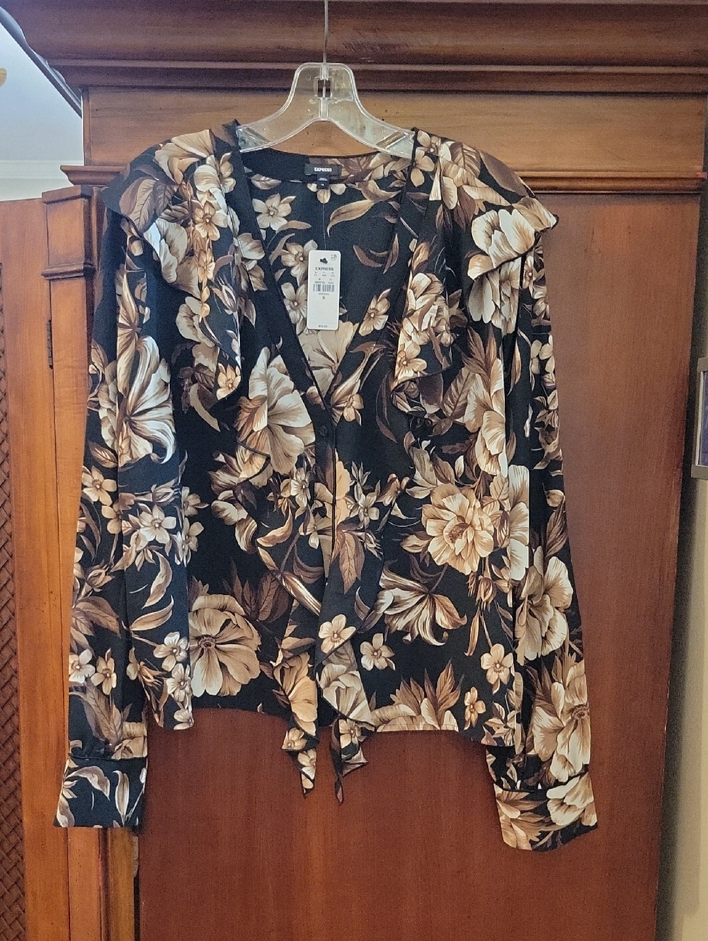 Express | Black and Tan V-neck Floral Button Down Blouse with Ruffle Detail - XL
